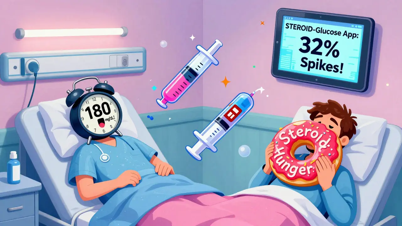 Glucose monitor alarm shouting numbers as insulin syringes dance, patient eats donut, and app interface floats nearby.