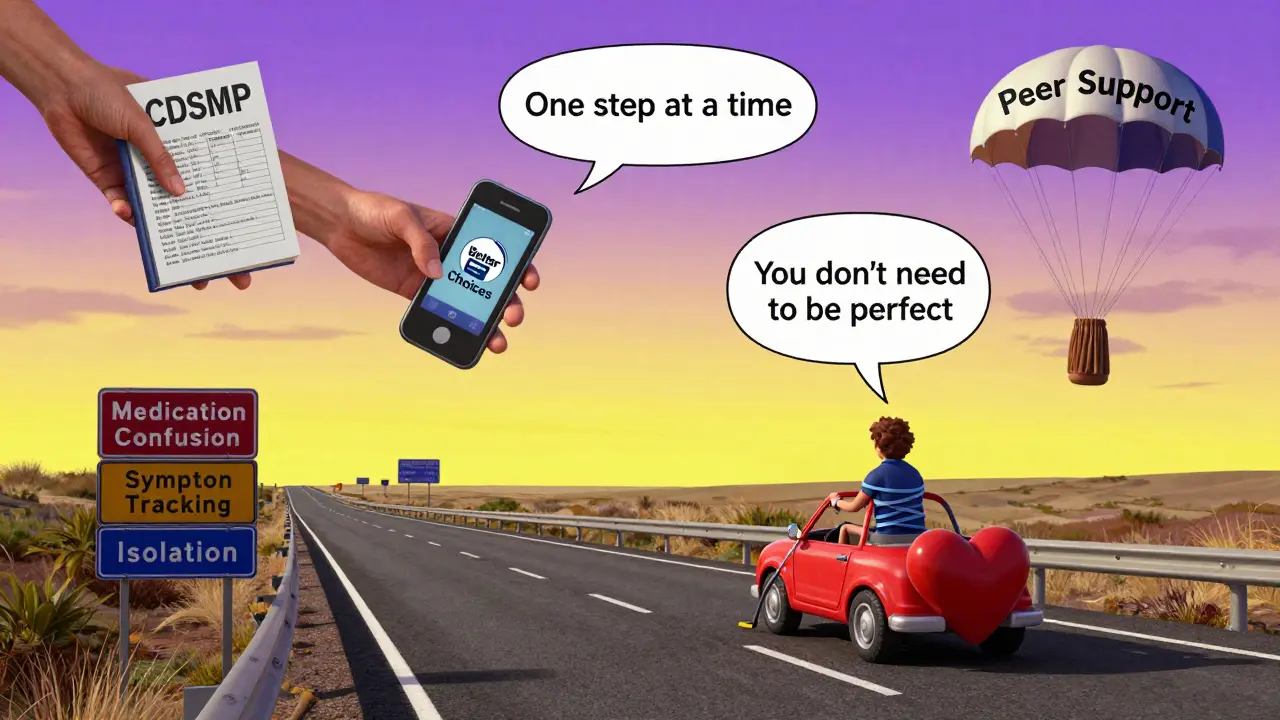 Heart-shaped car on a symbolic highway with free health tools falling from the sky, cartoon landscape.