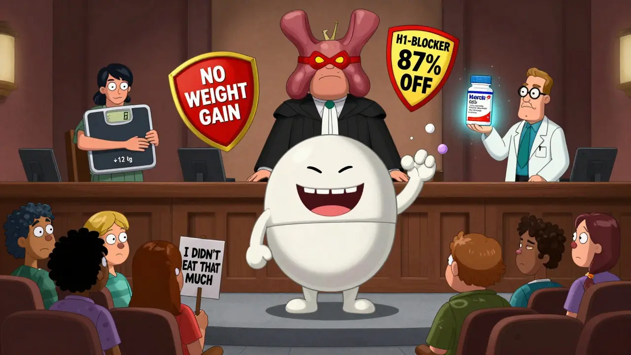 Mirtazapine pill on trial in a courtroom with cancer patient, bupropion hero, and scientist holding a new drug prototype.