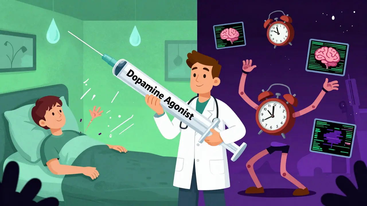 Patient's body glitching as dopamine syringe injects them, split between calm sleep and twitching nightmare.