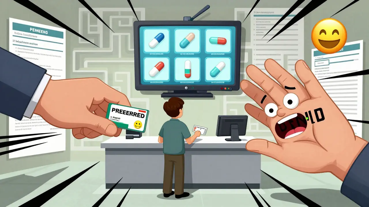 Patient caught between two hands offering preferred and denied generic medications at a pharmacy.