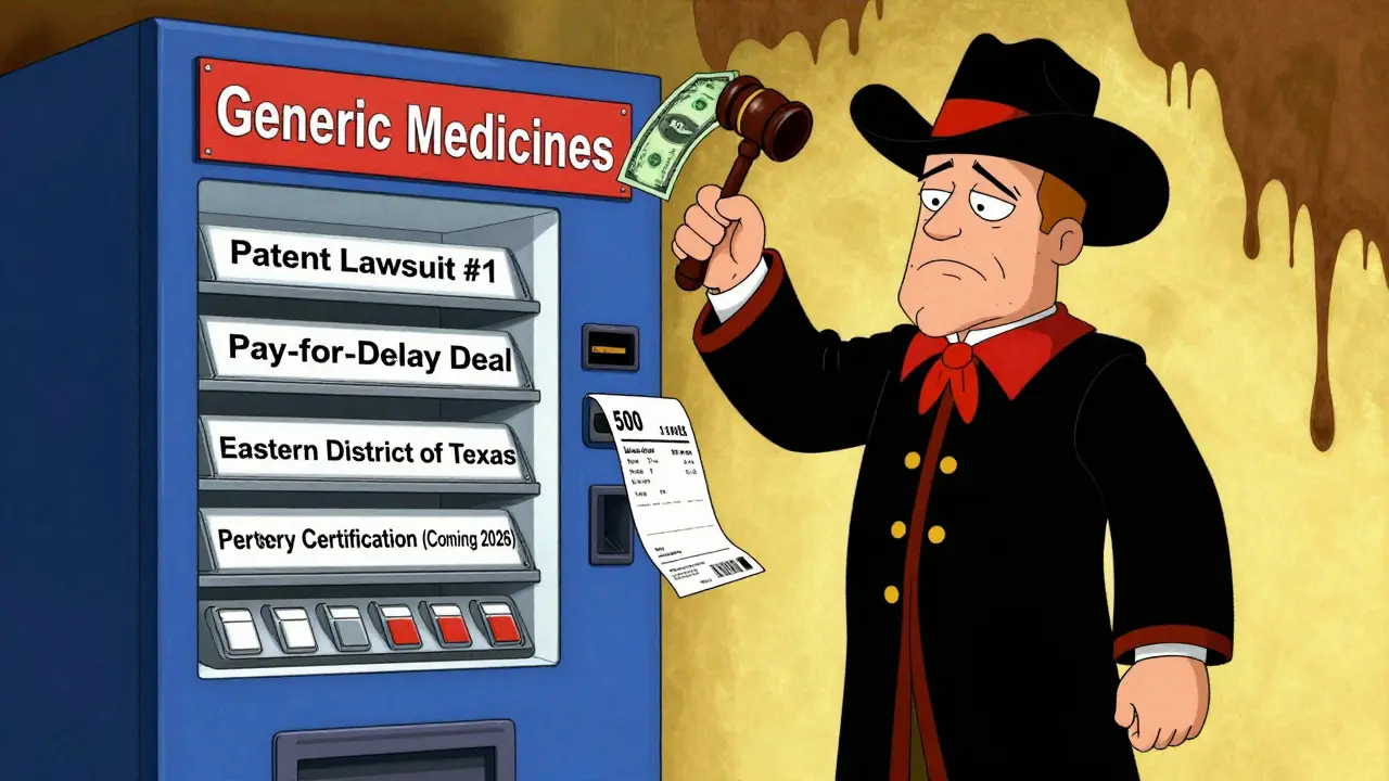 Patient faces vending machine with patent-related buttons, a Texas judge tosses a dollar gavel.