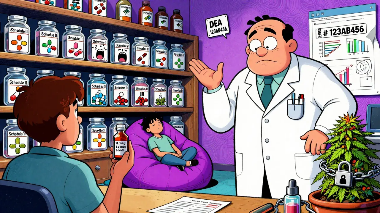 Patient holding small cough syrup bottle beside giant labeled drug jars representing different schedules in cartoon style.