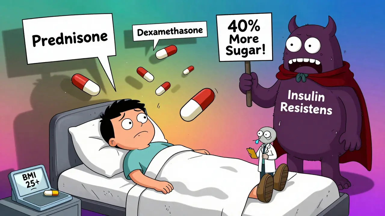 Patient surrounded by giant glucose monsters spawned by steroid pills, with BMI scale and chaotic medical symbols.