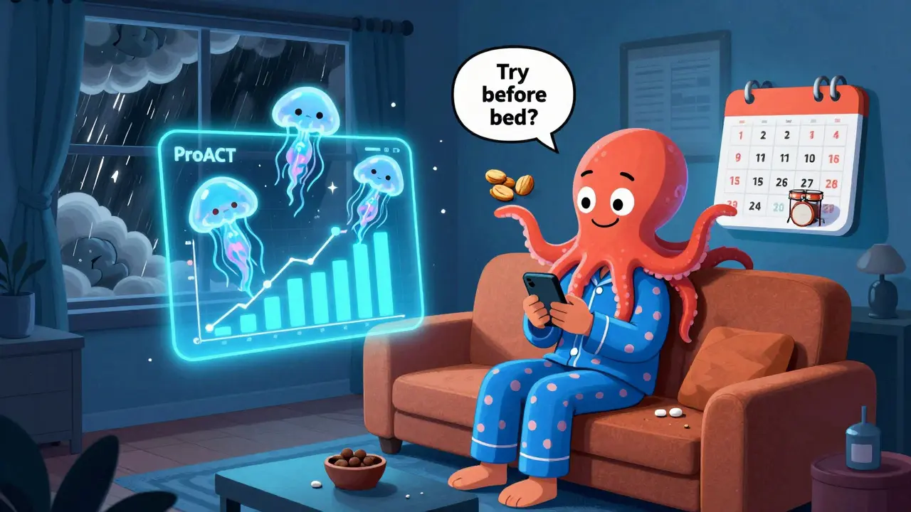 Person in pajamas interacting with animated health apps and an AI octopus, digital glow lighting.