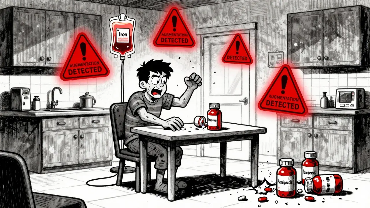 Person twitching at noon with 'AUGMENTATION' warnings, IV iron glowing behind crumbling pill bottles.