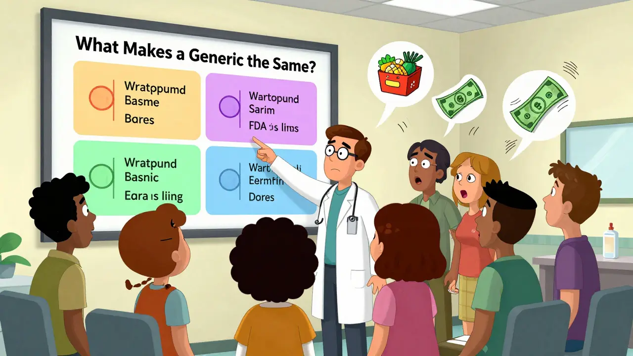Physician showing patients a colorful infographic about generic drug equivalence in a clinic, with floating icons of testing and savings.