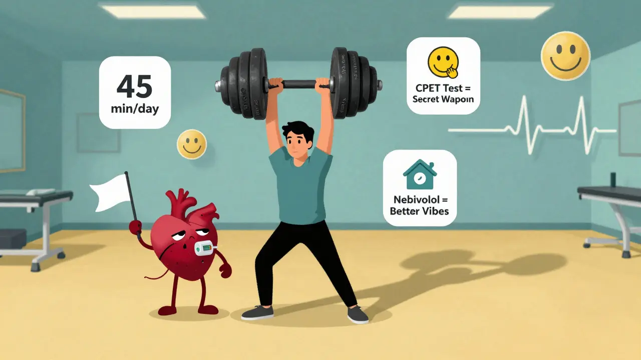 Someone lifting a light dumbbell with a tiny exhausted heart waving a flag, surrounded by exercise tips