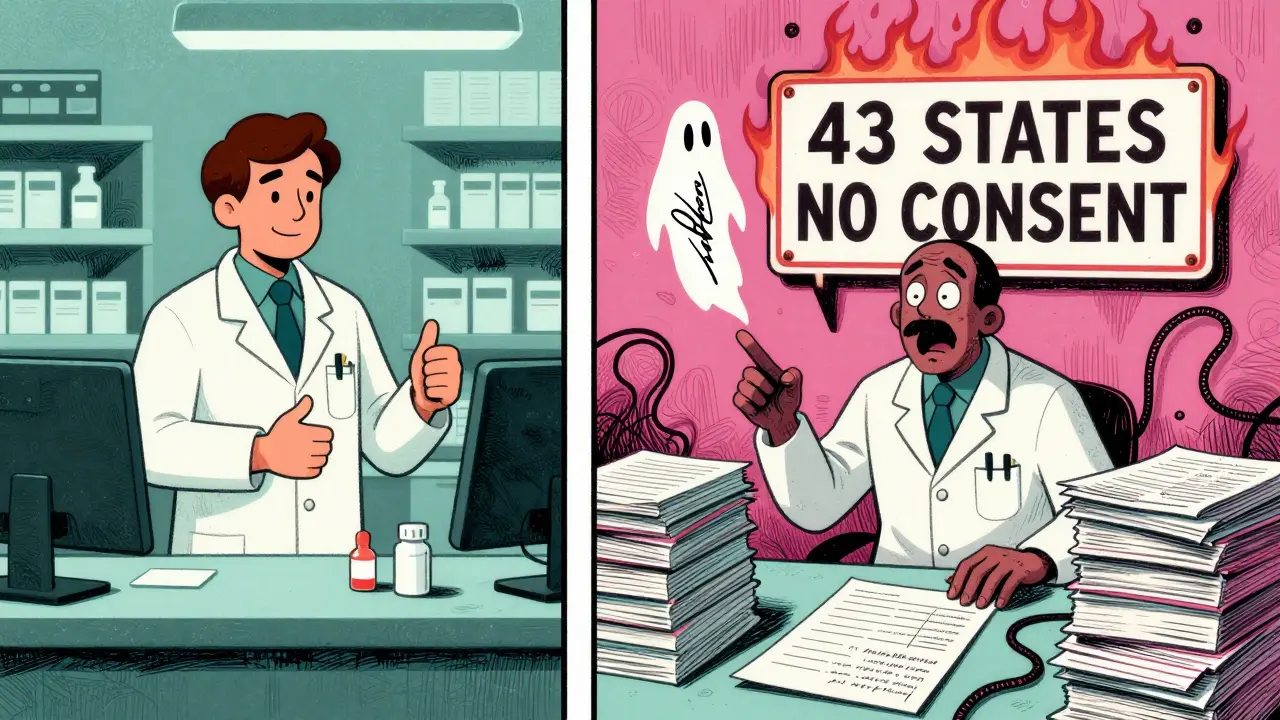 Split scene: a pharmacist in New York swaps generics easily, while another in Oklahoma is buried in permission forms.