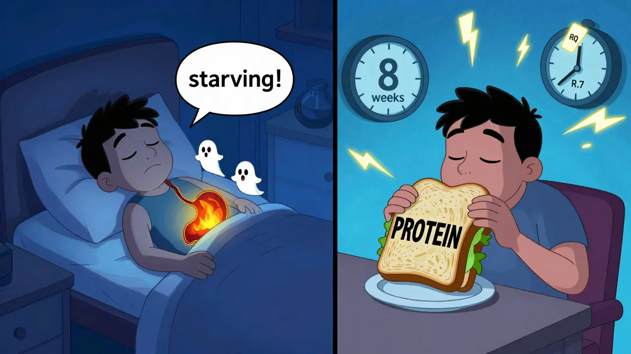 Split scene: person asleep with whispering leptin ghosts, then awake eating protein at night with metabolic meters spinning.