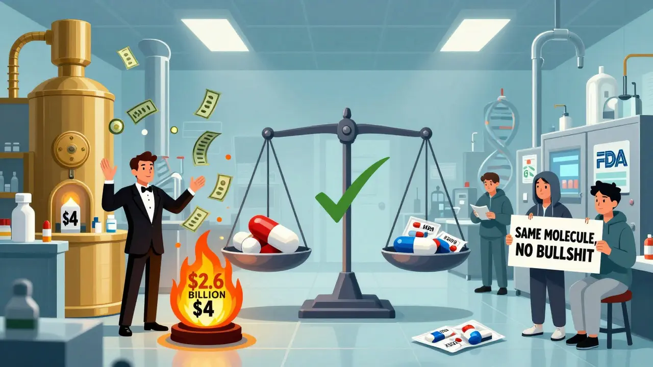 Split-screen: lavish brand-name drug factory vs. simple generic plant, with FDA scale balancing both pills and DNA checkmark.