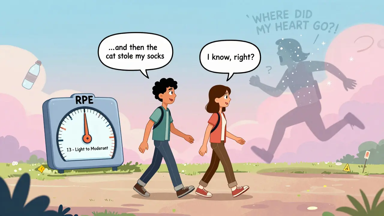 Two people chatting while walking, with a floating Borg RPE scale at 13 and a ghostly former self in the background