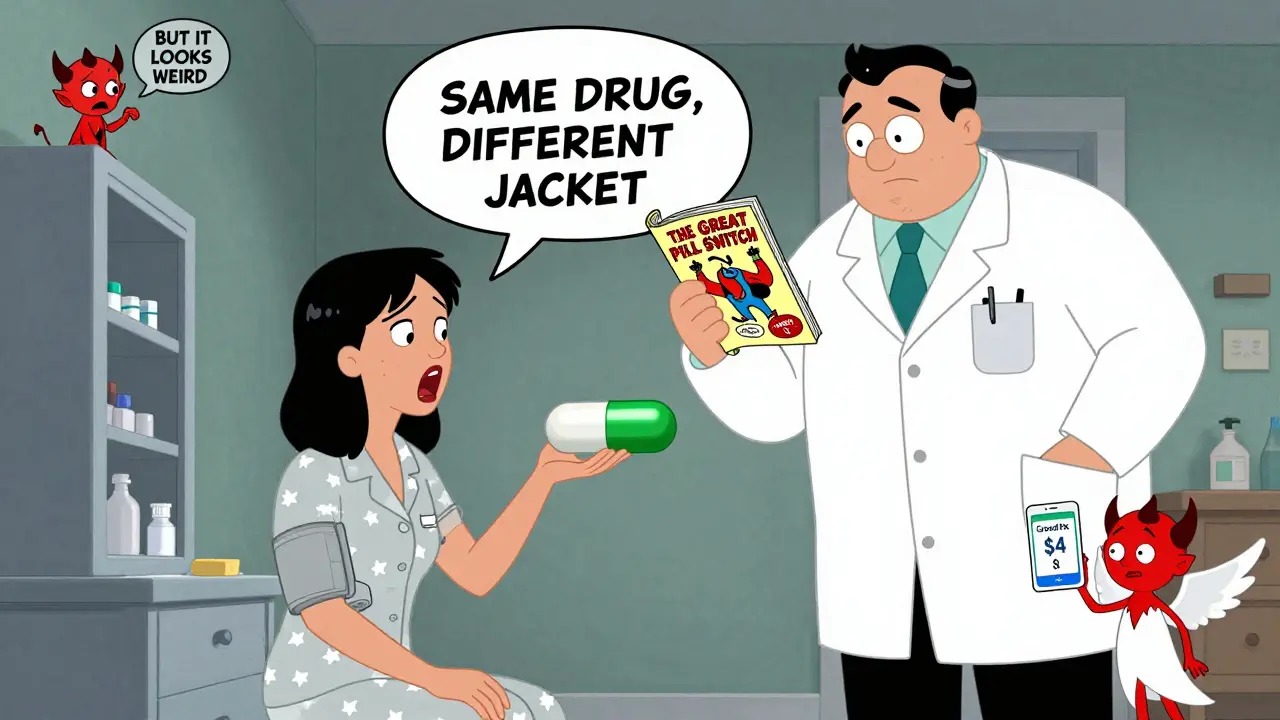Woman panics as her pill changes color and shape, while a cartoon pharmacist explains it's the same drug in different packaging.