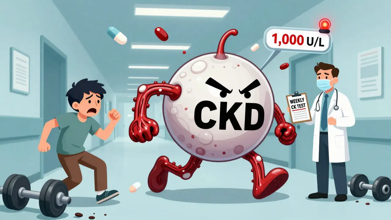 A giant angry CK protein chasing a patient through a hospital, with warning signs and statin pills floating nearby.