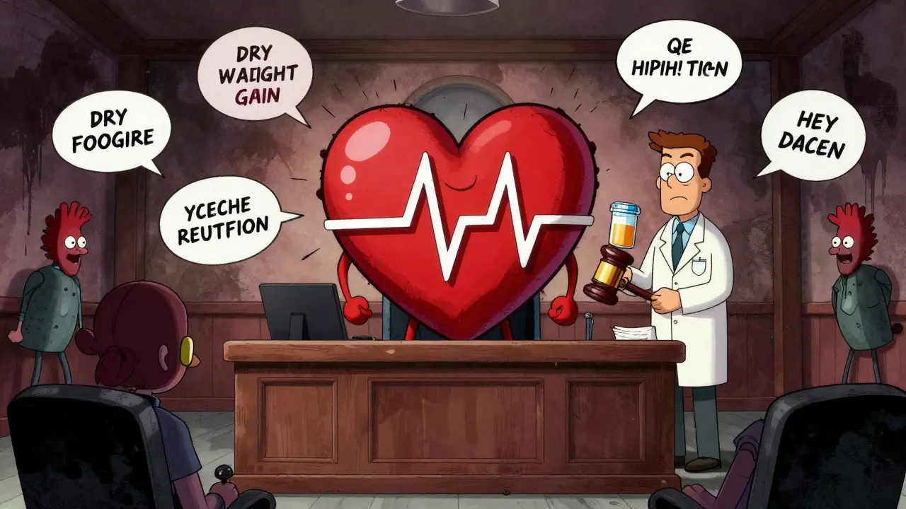 A giant heart on trial surrounded by cartoon symptoms like dry mouth and weight gain, judged by a lab-coated figure with a pill gavel.