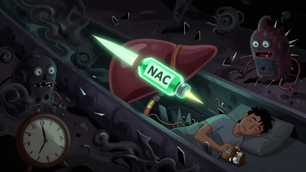 A glowing antidote vial racing through a liver, cartoon style