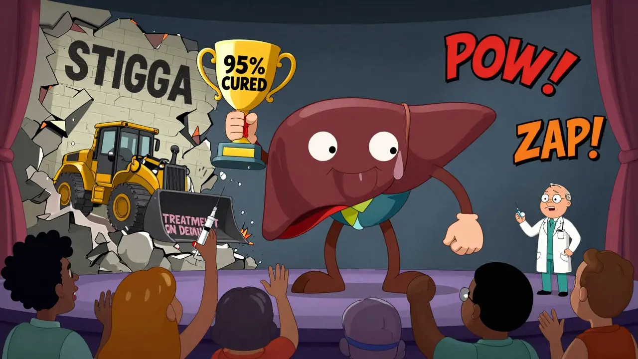 A heroic liver holding a cure trophy while people cheer, with a wall of stigma collapsing under a 'Treatment on Demand' bulldozer.
