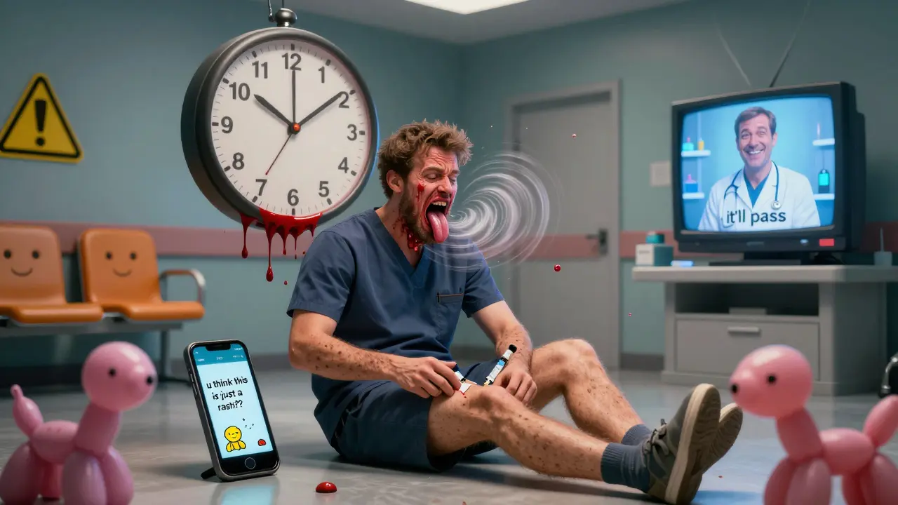 A man injecting epinephrine as his face swells dramatically, with a countdown clock and floating text showing doubt about symptoms.