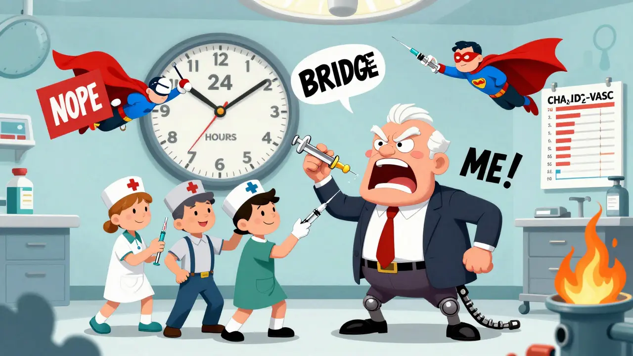 A mechanical heart valve demands bridging while a DOAC tablet heroically stops the injections in a chaotic operating room.
