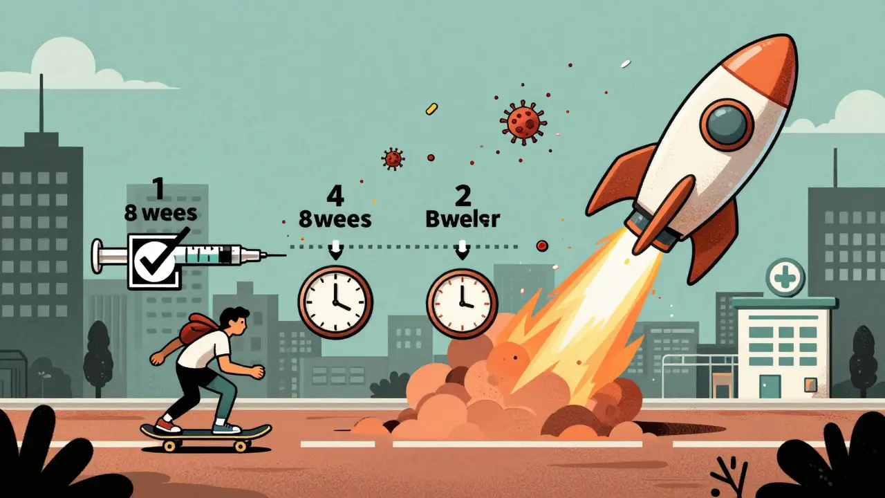 A person on a skateboard speeding through a city with shrinking treatment timelines and a pill rocket blasting viruses into confetti.