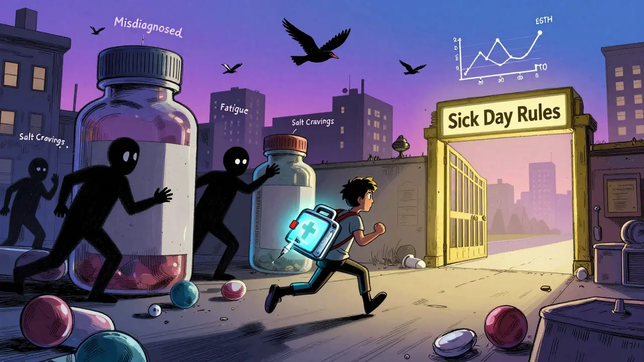 A person running through a surreal city of pill bottles, carrying an emergency injection kit toward a golden checkpoint labeled 'Sick Day Rules'.
