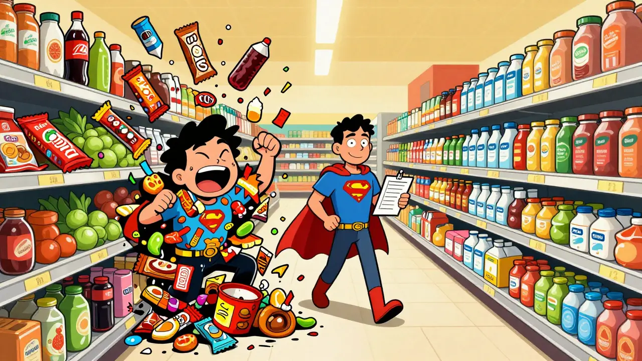 A shopper walking confidently through an organized grocery aisle while chaos with junk food explodes behind them.