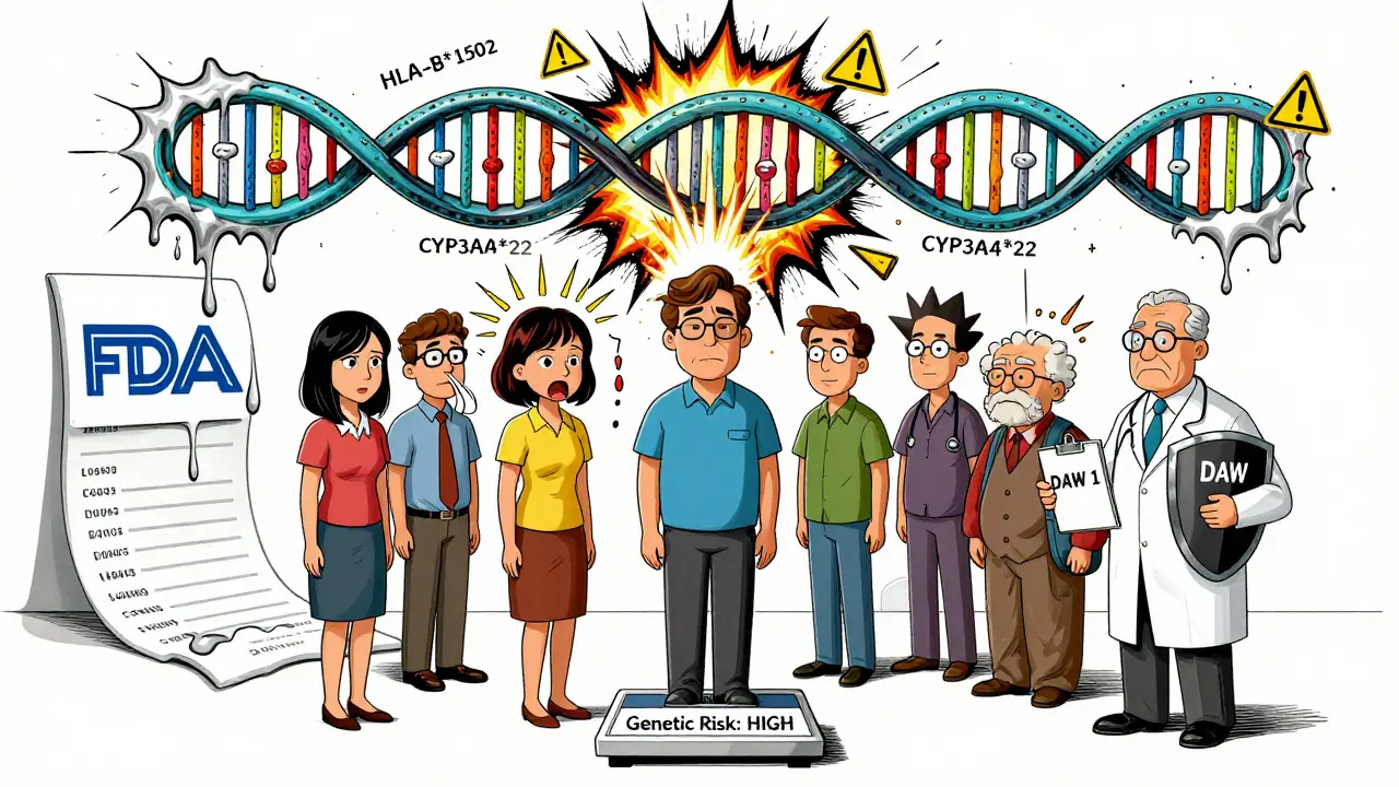 Diverse patients on a risk scale as genetic variants explode from a DNA helix, with one having a seizure and a doctor holding a 'DAW 1' shield in a satirical medical landscape.