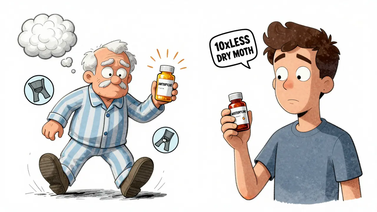 Elderly man tripping over pills while a younger person takes a milder version with a 'less dry mouth' sign, surreal cartoon style.