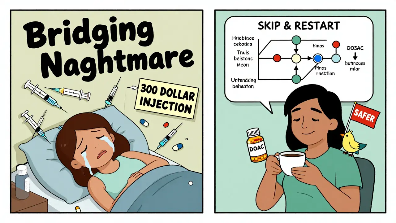 Left: chaotic bridging chaos with high costs; right: calm DOAC switch with simple restart instructions.