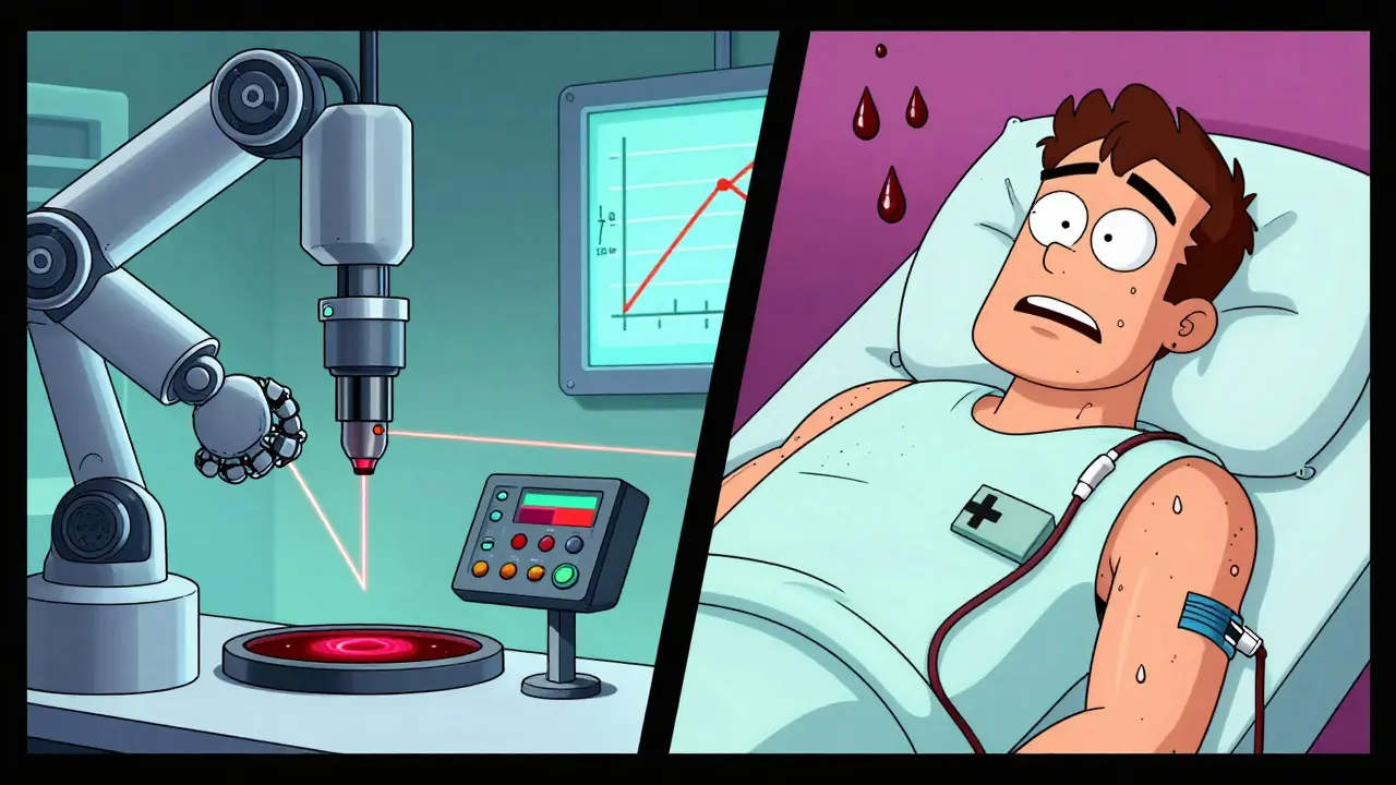 Robotic lab testing on one side, a human volunteer with tubes on the other, in split-panel cartoon style.