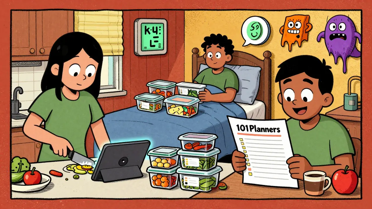 Three people using different meal planning tools—tablet, containers, and printed sheet—in cozy home settings.