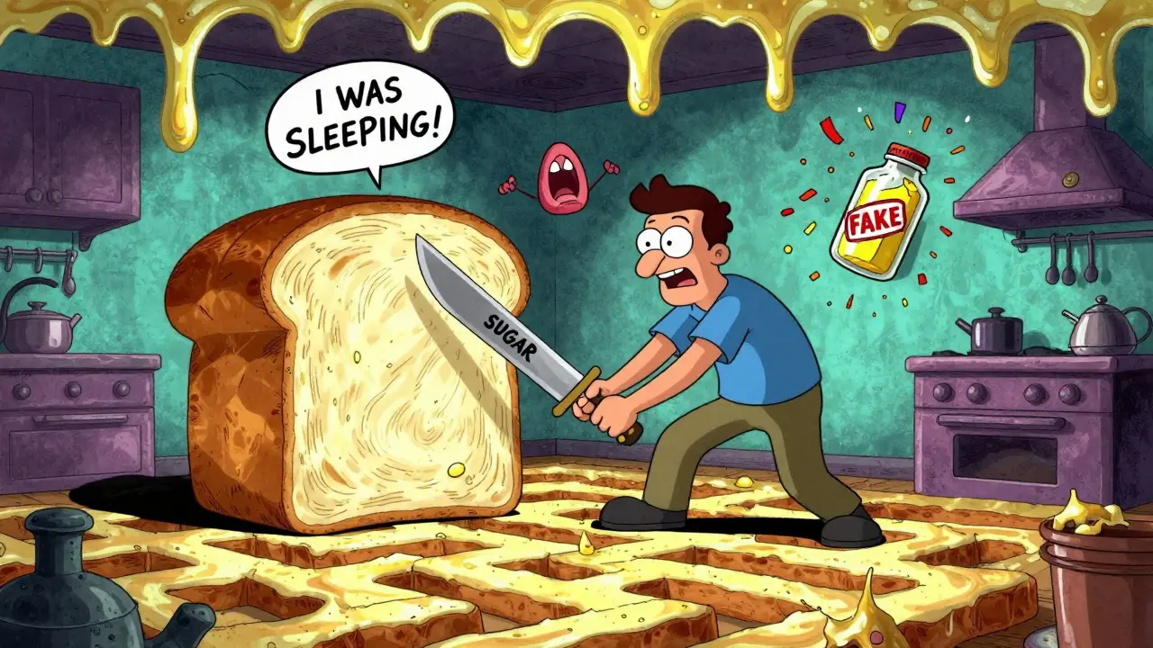 A man cutting bread labeled 'SUGAR' while a thyroid yells and fake fish oil explodes into confetti in a surreal kitchen.