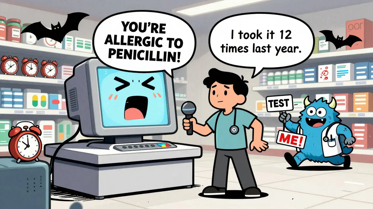 A patient argues with a talking pharmacy computer about a penicillin allergy while a doctor chases a cartoon IgE monster.
