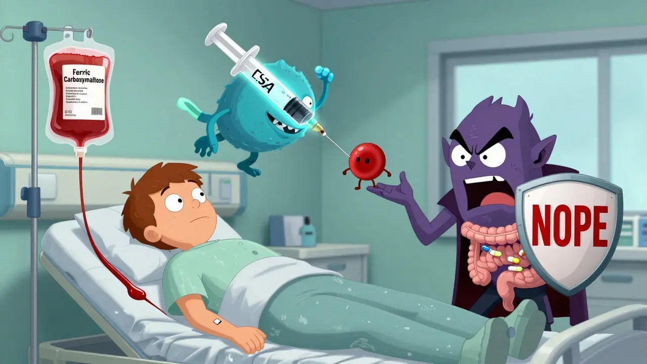 A patient receiving IV iron and ESA therapy while a goblin blocks oral iron, in a chaotic cartoon hospital scene.