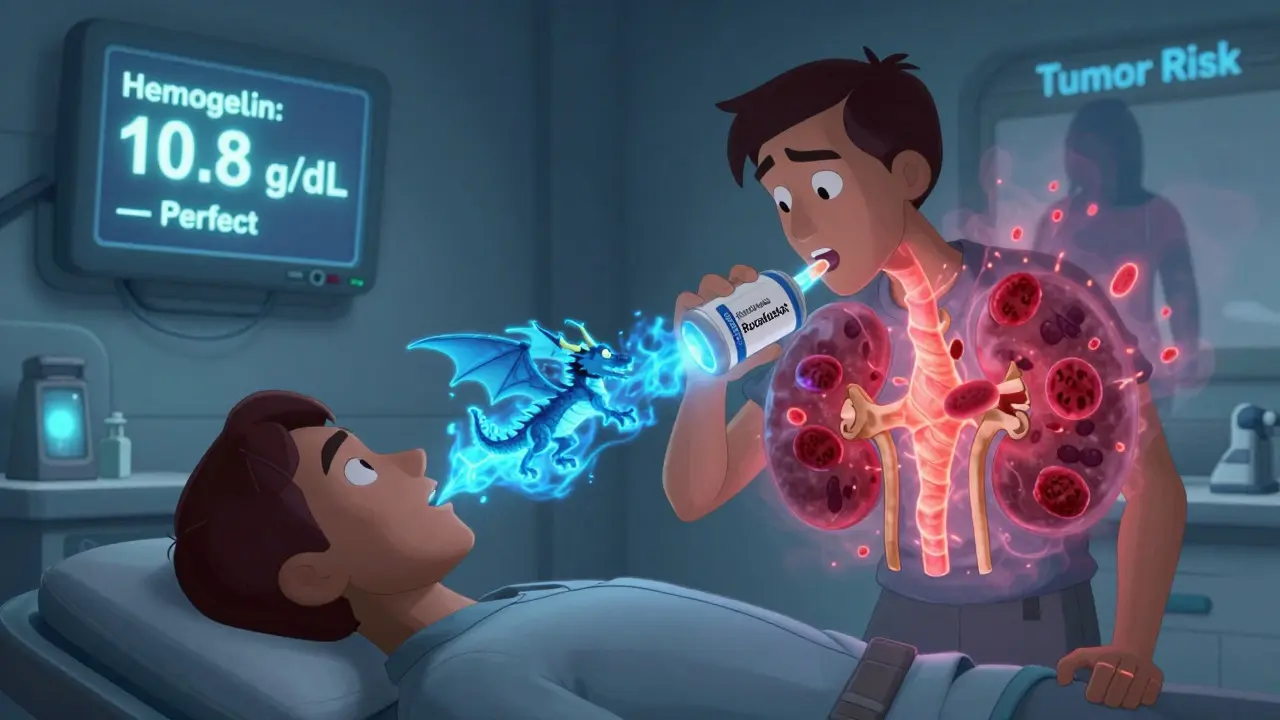 A patient swallowing an oral HIF-PHI pill that activates red blood cell production, with hemoglobin levels displayed.