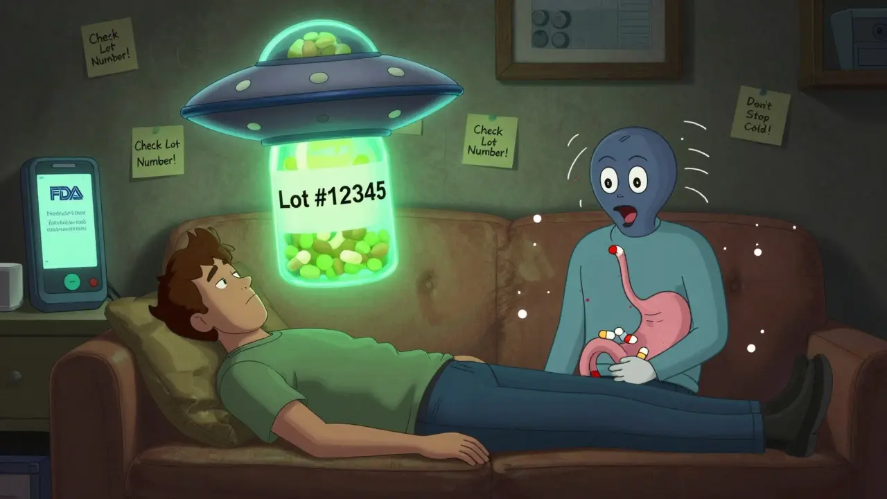 A patient under a hovering recalled pill bottle with split-screen symptoms and an FDA alert on phone.