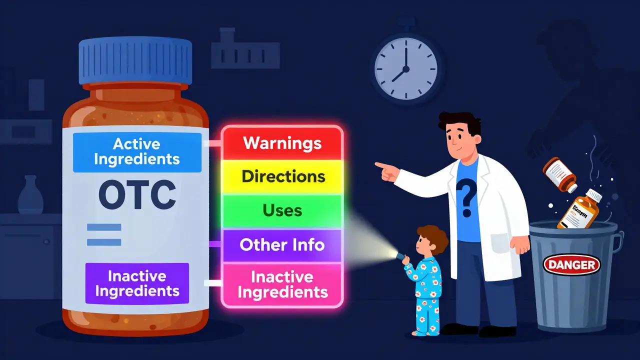 A pharmacist points to glowing sections of an OTC medicine label with a checklist glowing beside it.