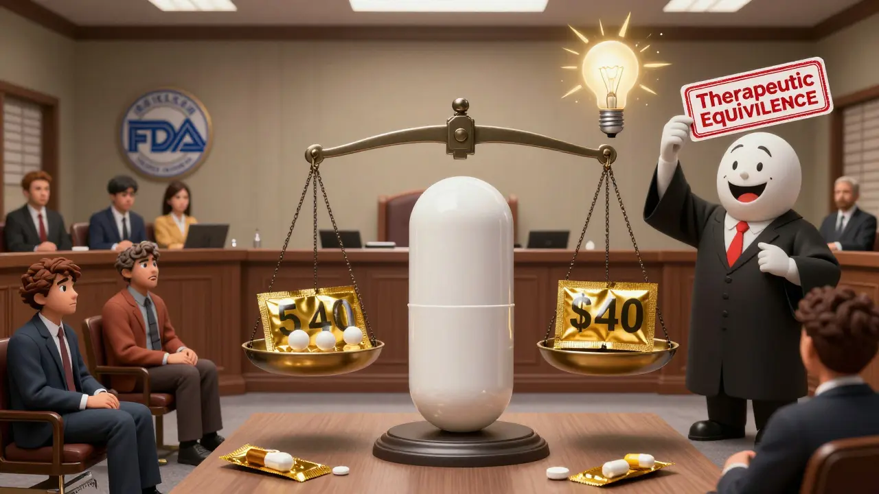 A surreal courtroom where a plain generic pill defends itself against a flashy branded pill, judged by anxious patients and an FDA seal.