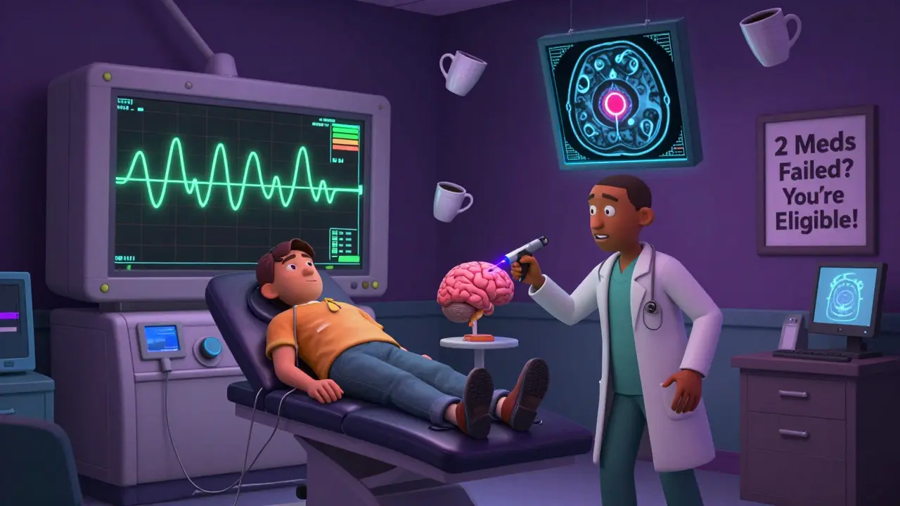 A surreal medical evaluation room with giant EEG machines and a neurosurgeon using a laser probe.