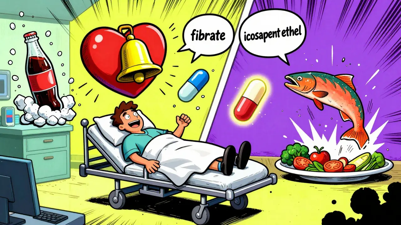 An ER scene with a heart alarm and arguing pills, showing sugary drinks and healthy foods in a chaotic, colorful battle.