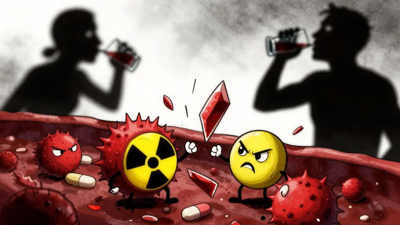 Cartoon pills fighting alcohol molecules inside a bloodstream environment.