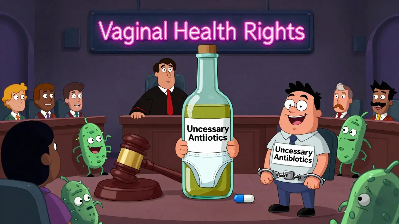 Courtroom trial where douching bottle is guilty, judged by bacteria, with 'Unnecessary Antibiotics' in handcuffs.