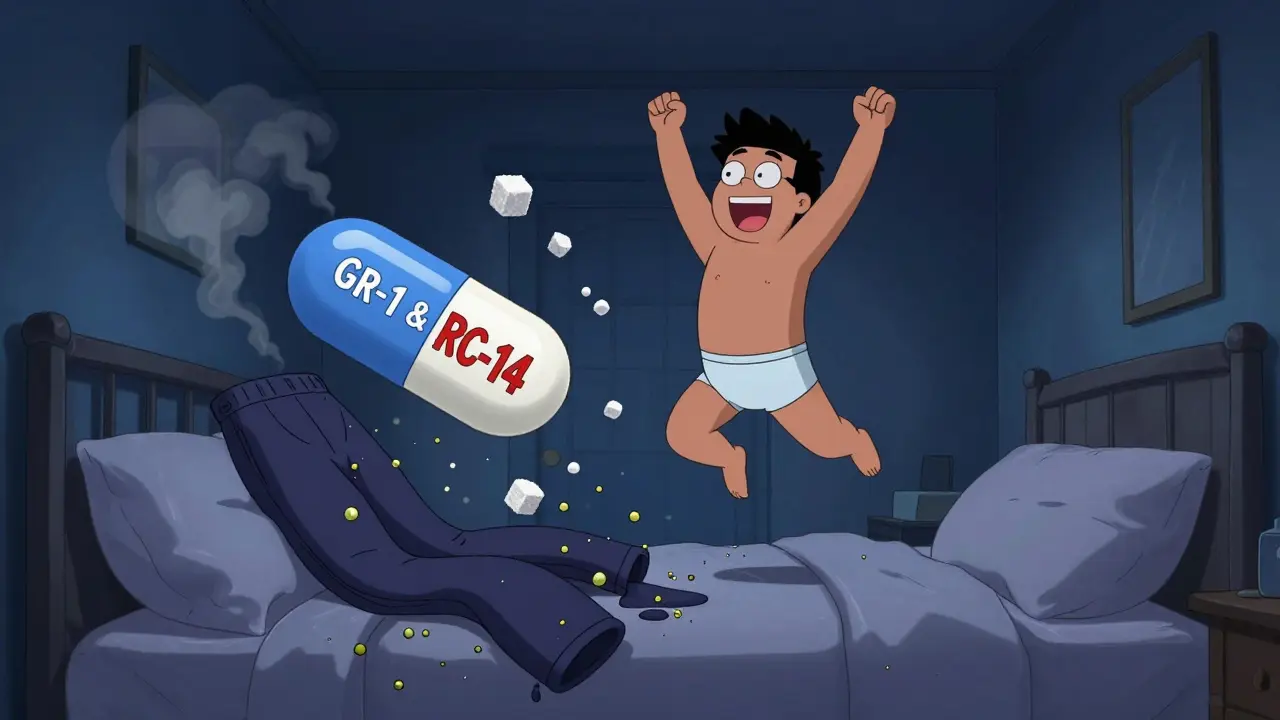 Person escaping tight pants as yeast spores melt, while a probiotic capsule flies toward them like a superhero.