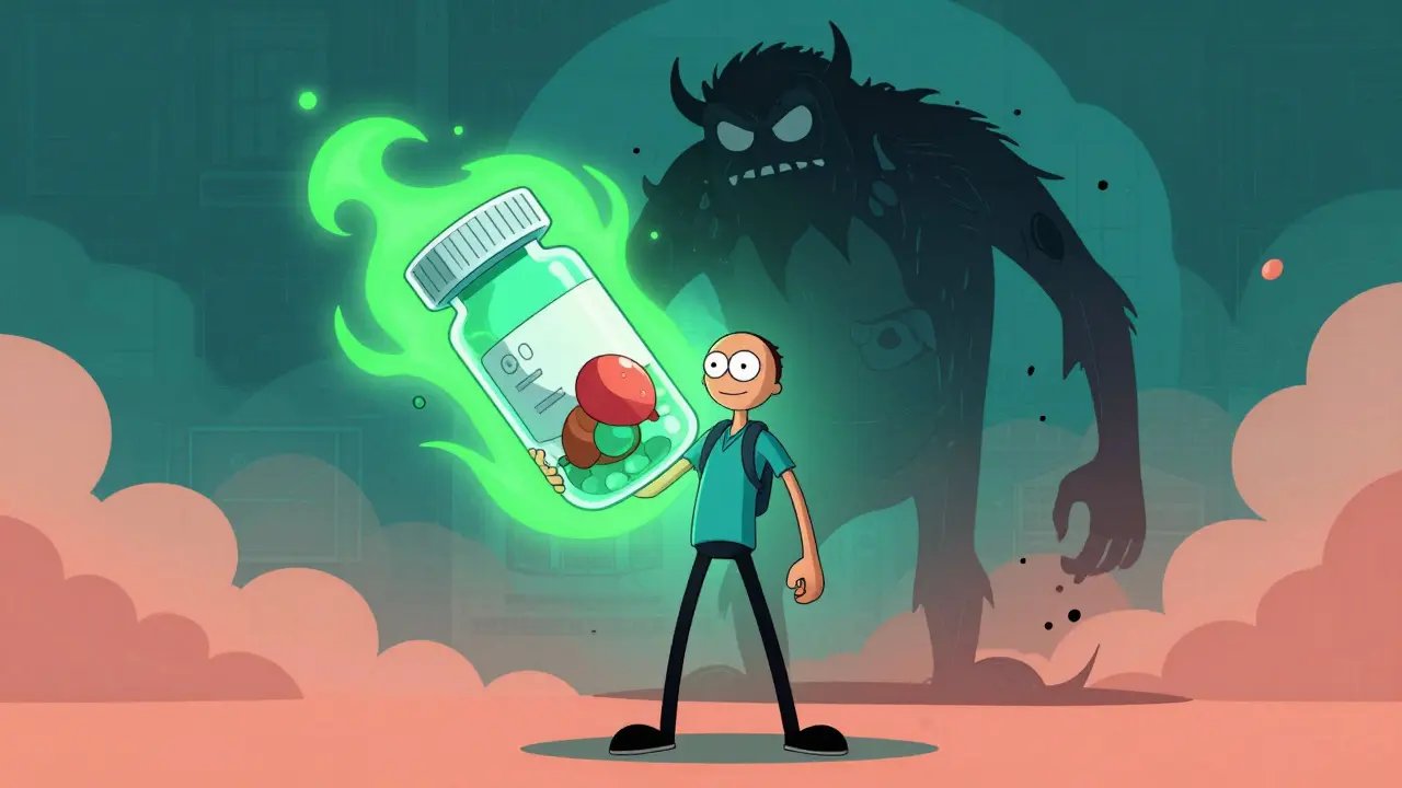 Person holding glowing pill bottle blocking shadow