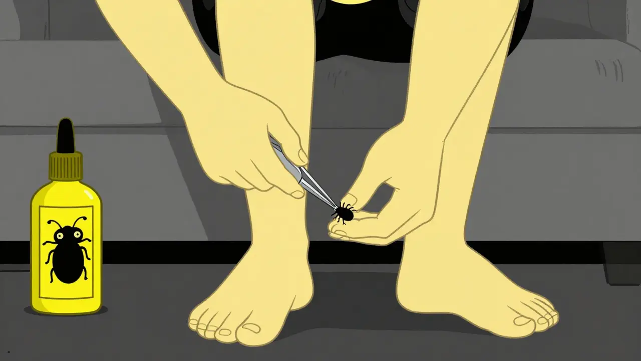 Person using tweezers to remove tick from leg in edgy cartoon art