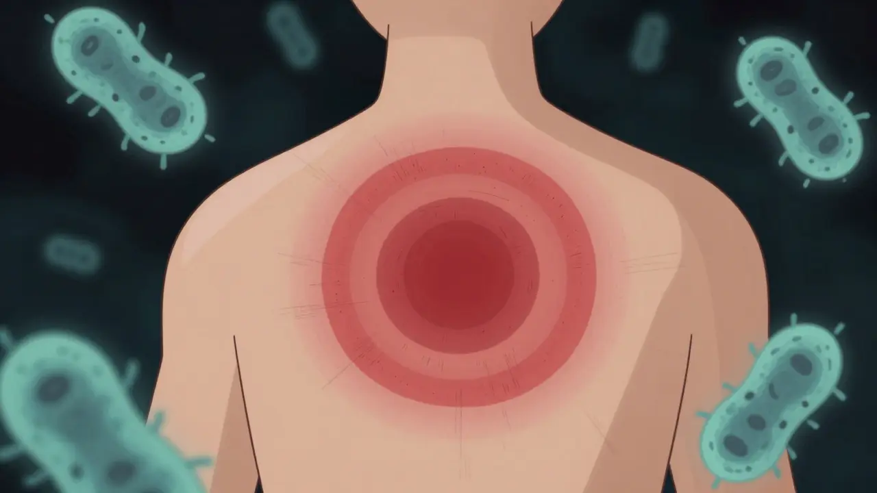 Skin showing red bull's-eye rash pattern with bold outline illustration