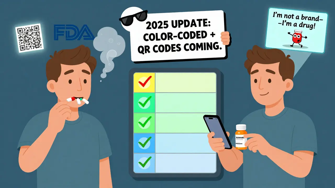 Split scene: one side shows dangerous pill mixing, the other shows safe scanning with a phone app.