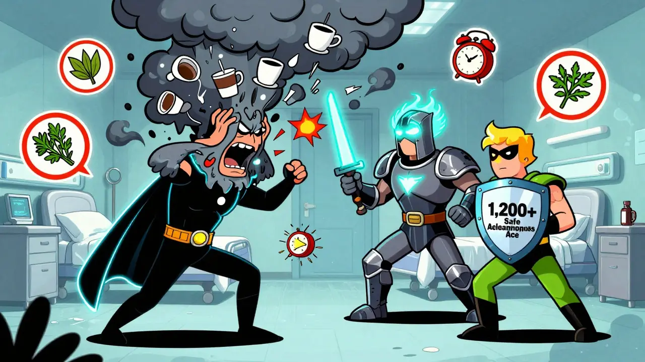 Superheroes battling migraine monster with magnesium, Cefaly, and acetaminophen in vibrant cartoon battle scene.