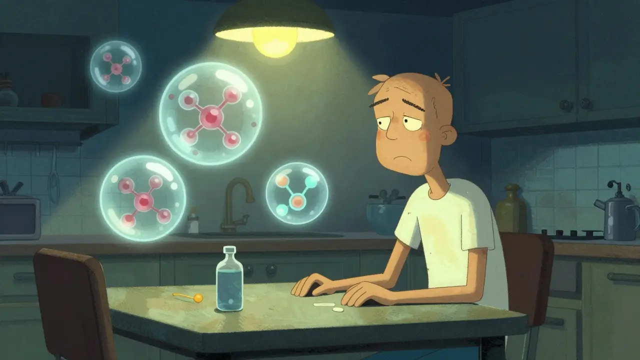 Tired person with yellow skin and floating molecules