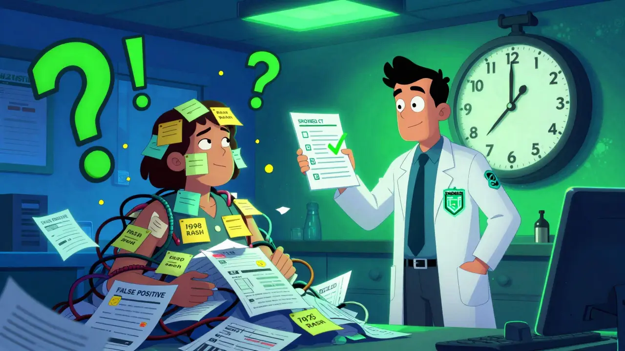 Two pharmacists face off—one calm with a clean digital profile, the other buried under paper alerts as a 90-second clock ticks.